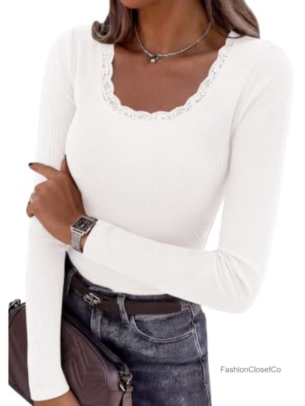 Women's Ribbed Long Sleeve Square Neck Lace Trim Tee